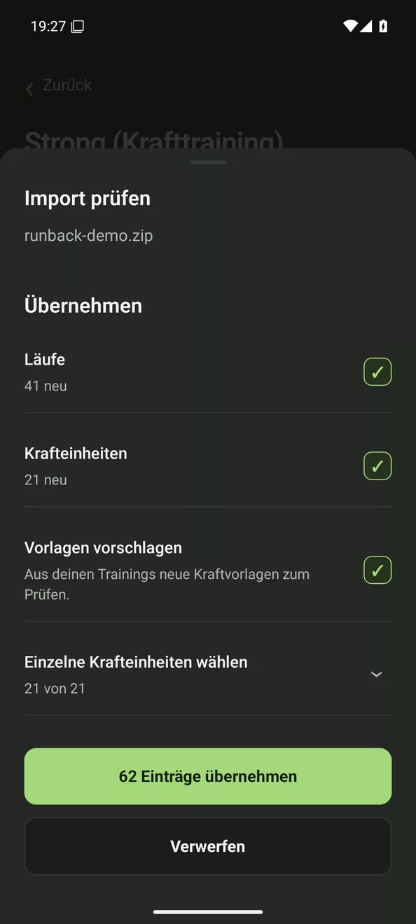 Import prüfen: 41 neue Läufe und 21 neue Krafteinheiten, 62 Einträge übernehmen