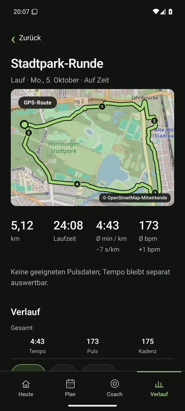 Lauf-Detail: GPS-Route auf der Karte, 5,12 km in 24:08, Tempo 4:43 pro Kilometer, Puls 173