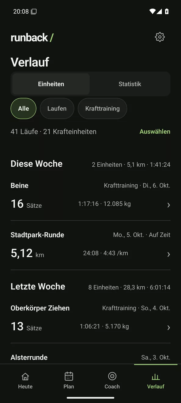 Verlauf: Läufe und Krafteinheiten nach Wochen, mit Distanz, Zeit, Sätzen und Volumen