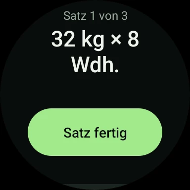 Uhr im Krafttraining: Satz 1 von 3, 32 kg mal 8 Wiederholungen, Satz fertig
