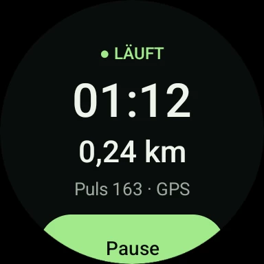 Uhr während eines Laufs: 1:12, 0,24 km, Puls 163